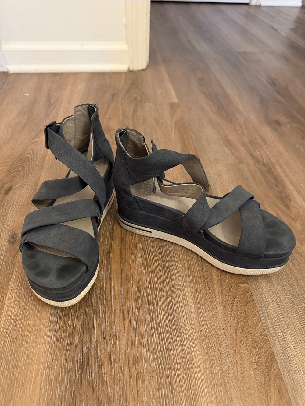 Eileen Fisher Boost Leather Platform Wedge Sandals in navy